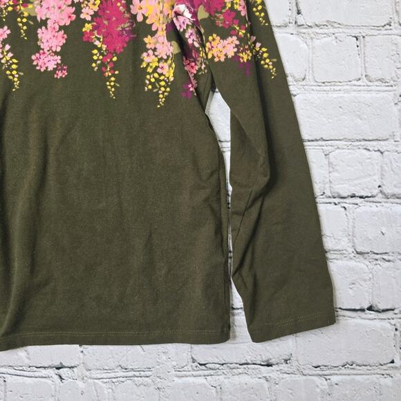 The Talbots Tee Cotton Blend Olive Forest Green Floral Print Accent Blouse LP - Picture 6 of 10